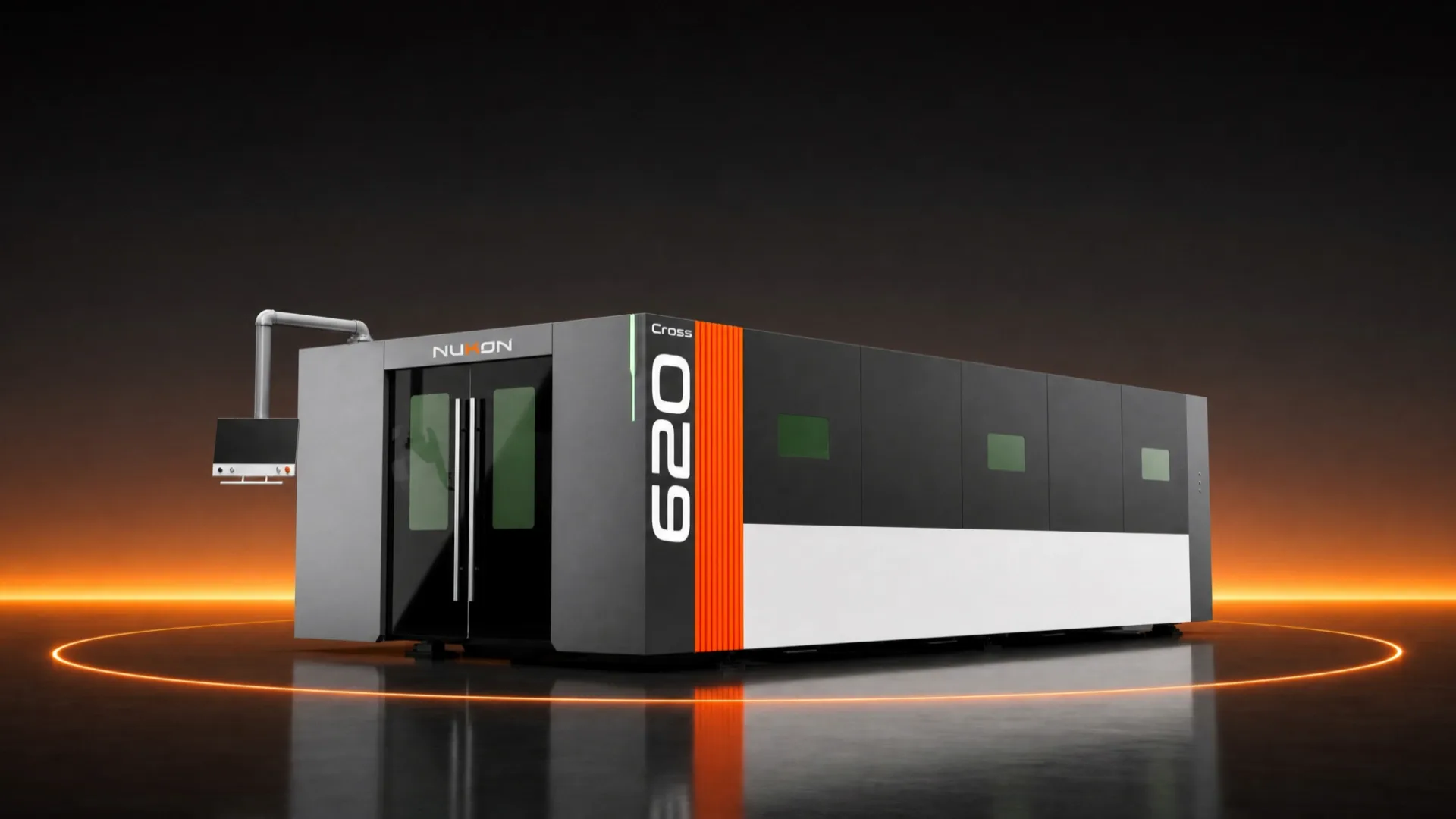 Cross 620 fiber laser cutting system in a dark studio scene